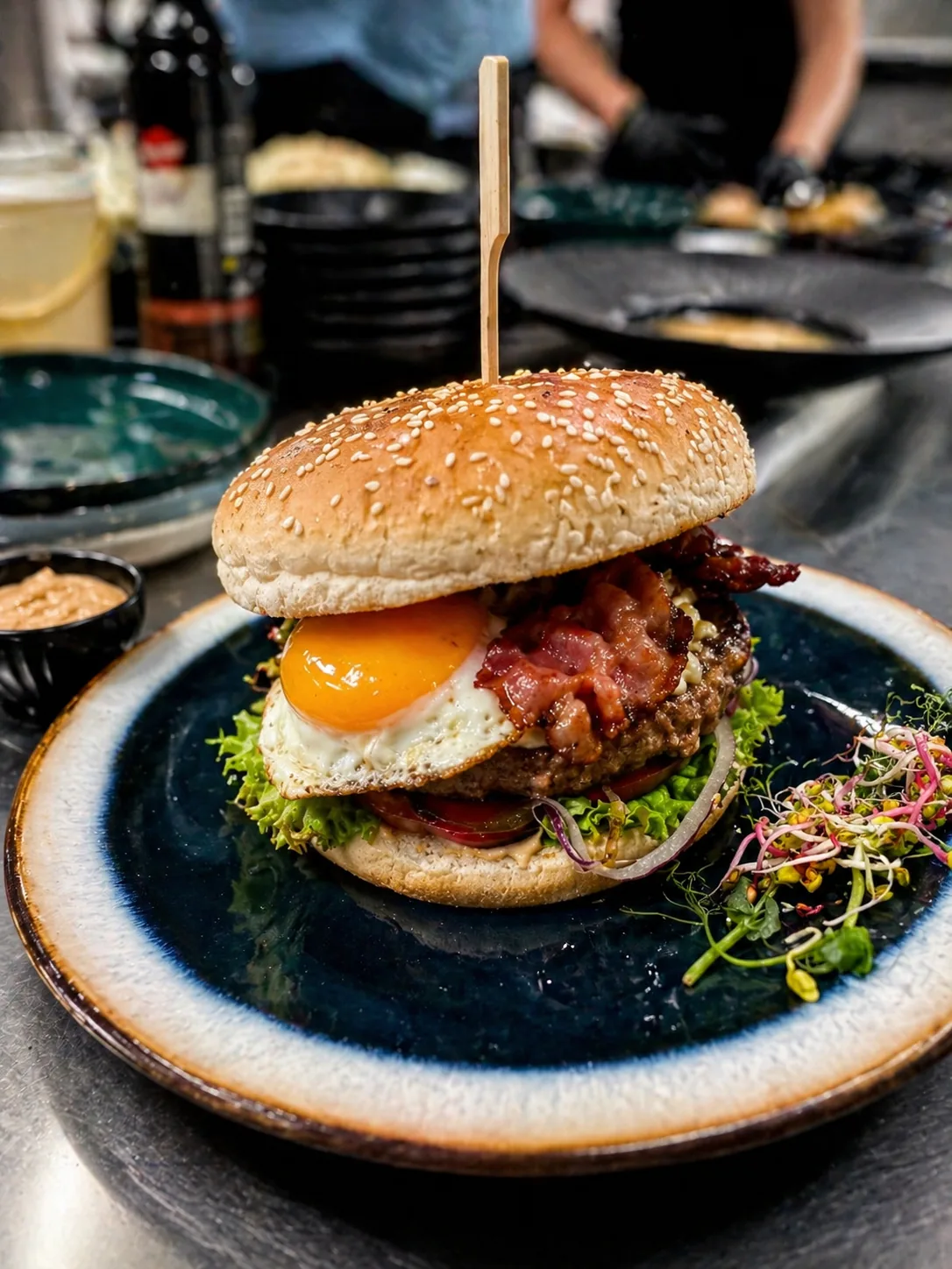 Burger restauracyjny z frytkami podany w Fantazja Centrum Smaku i Rozrywki.