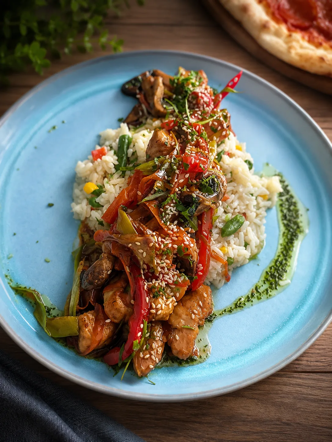 Danie makaronowe z warzywami i ziołami podane w restauracji Fantazja.