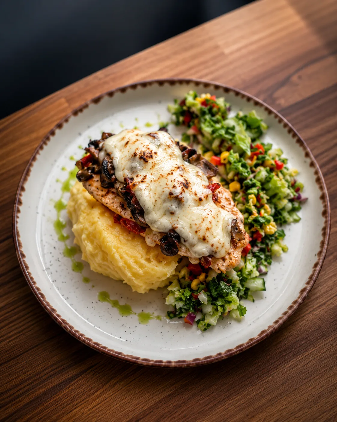 Danie obiadowe z zapiekanym mięsem, ziemniakami i surówką w restauracji Fantazja.