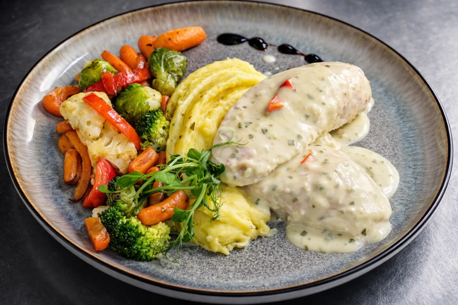 Filet w sosie z warzywami i puree podany w Restauracji Fantazja w Dobczycach.
