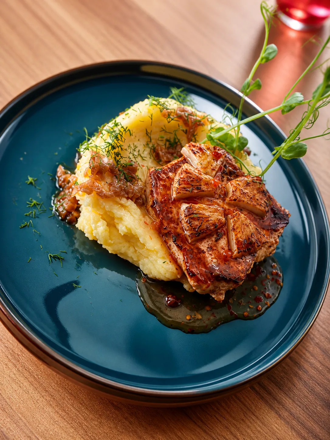 Kotlet z puree ziemniaczanym i sosem podany na niebieskim talerzu w Fantazja.