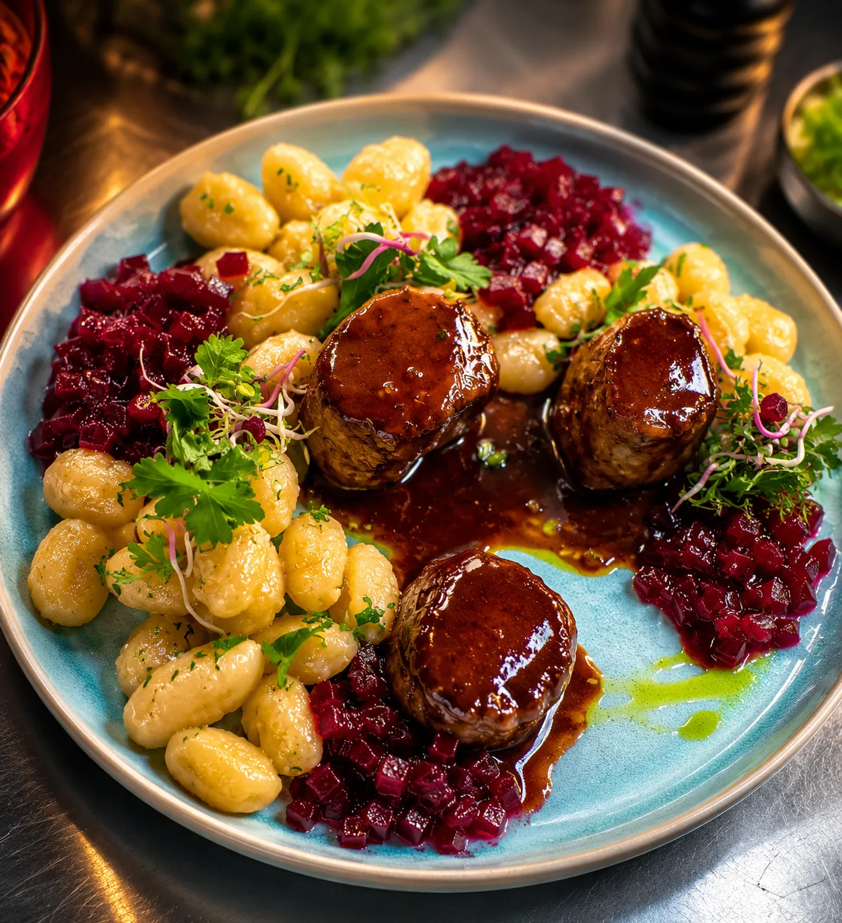 Tradycyjne danie mięsne z kluskami i buraczkami podane w Restauracji Fantazja.