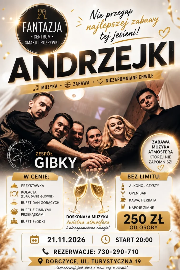 Andrzejki 2026 w&nbsp;Fantazji Dobczyce z&nbsp;zespołem Gibky – zabawa 21 listopada