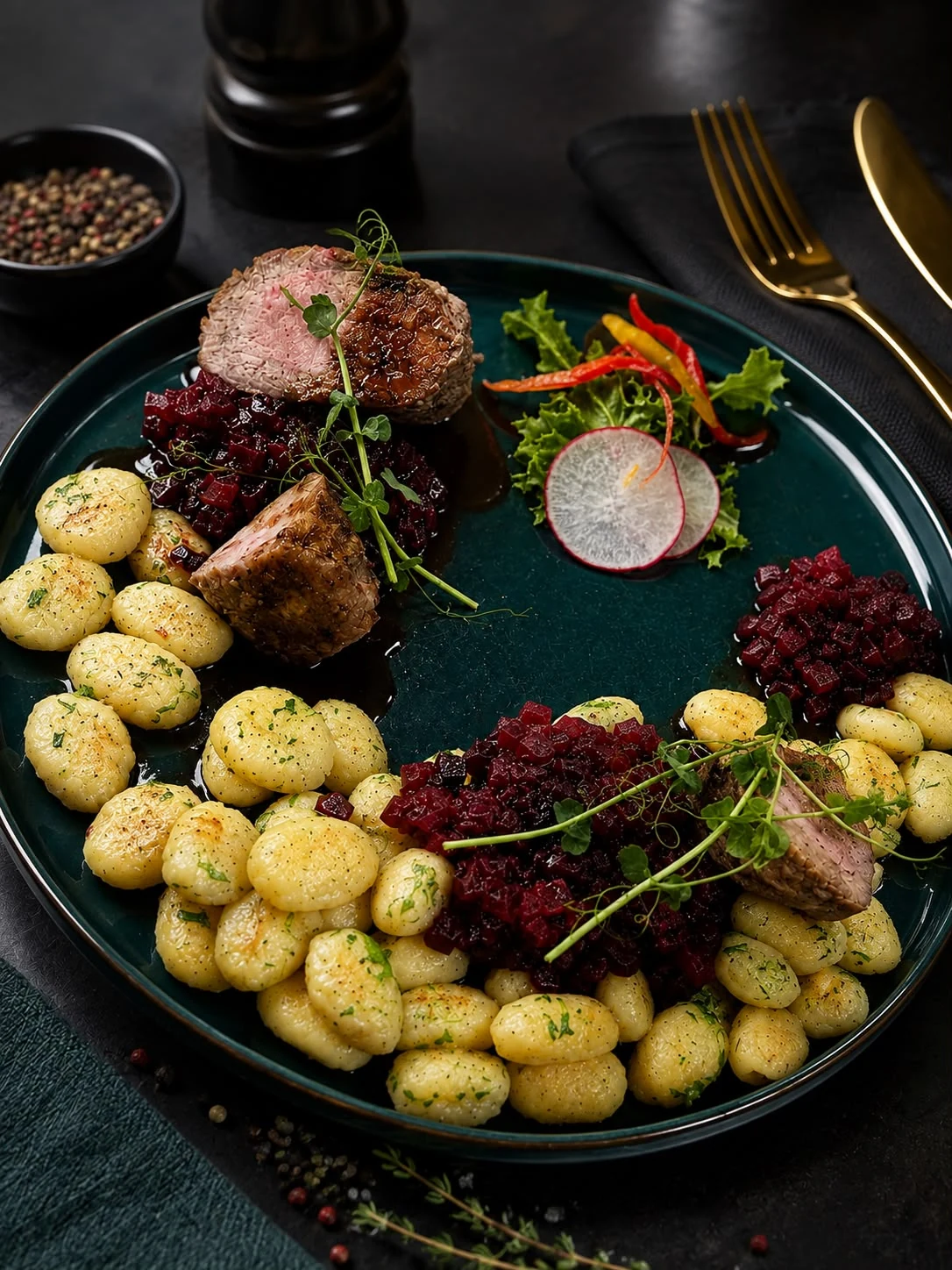 Rolada z kluskami, buraczkami, sosem i świeżymi dodatkami podana w Restauracji Fantazja.