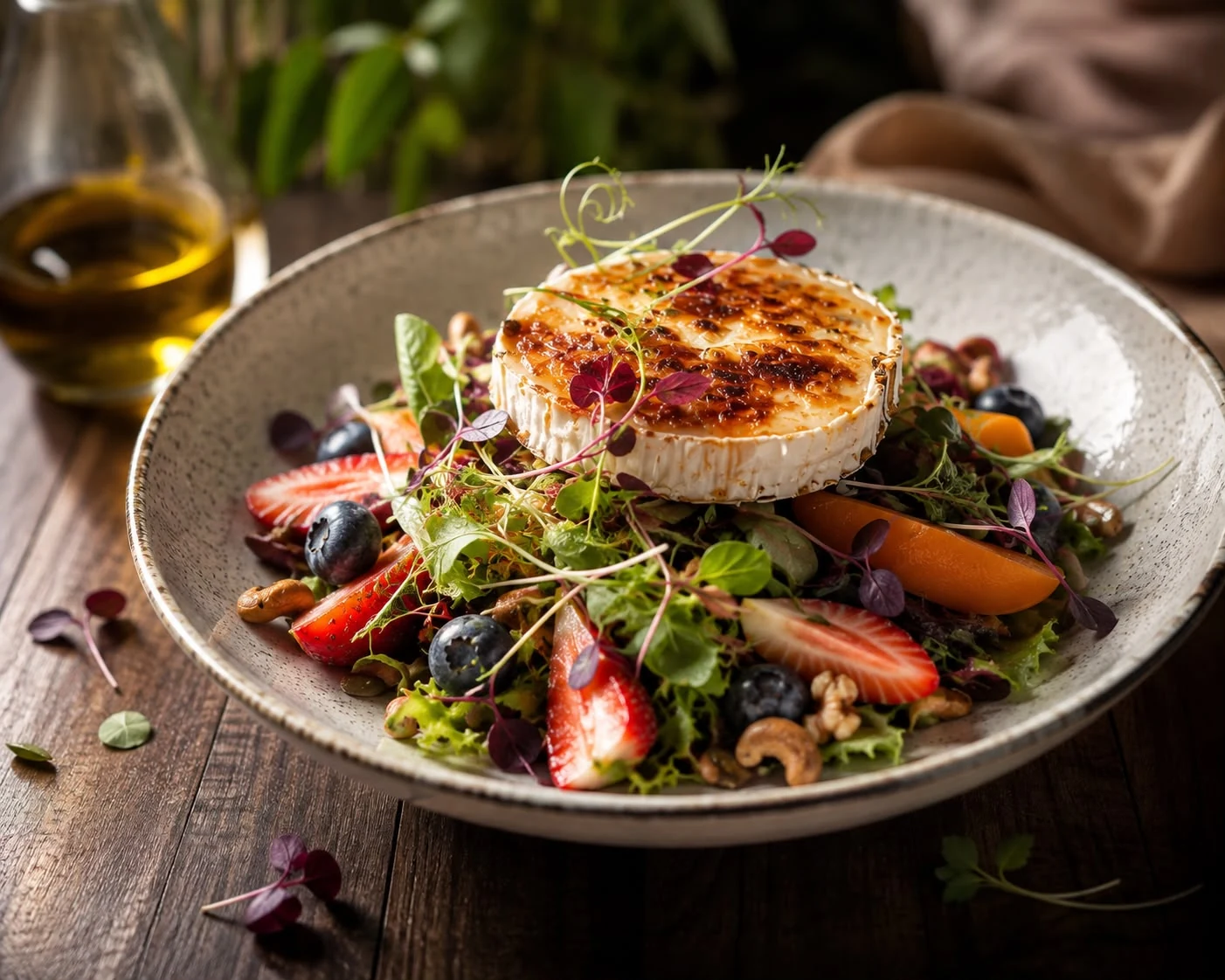 Sałatka z grillowanym serem, owocami, orzechami i świeżymi liśćmi podana w Restauracji Fantazja.