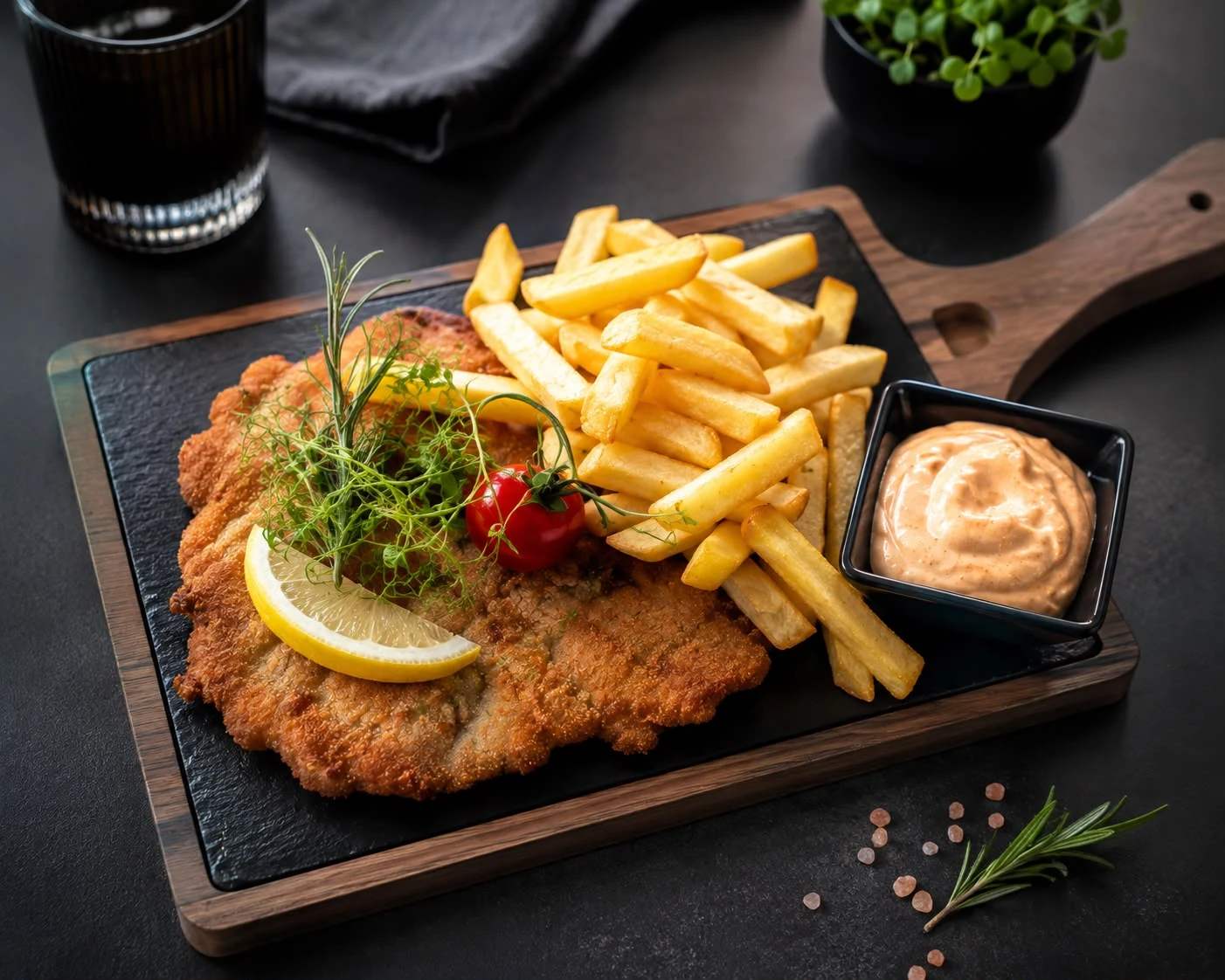 Chrupiący sznycel z frytkami, sosem i cytryną podany na desce w Restauracji Fantazja.