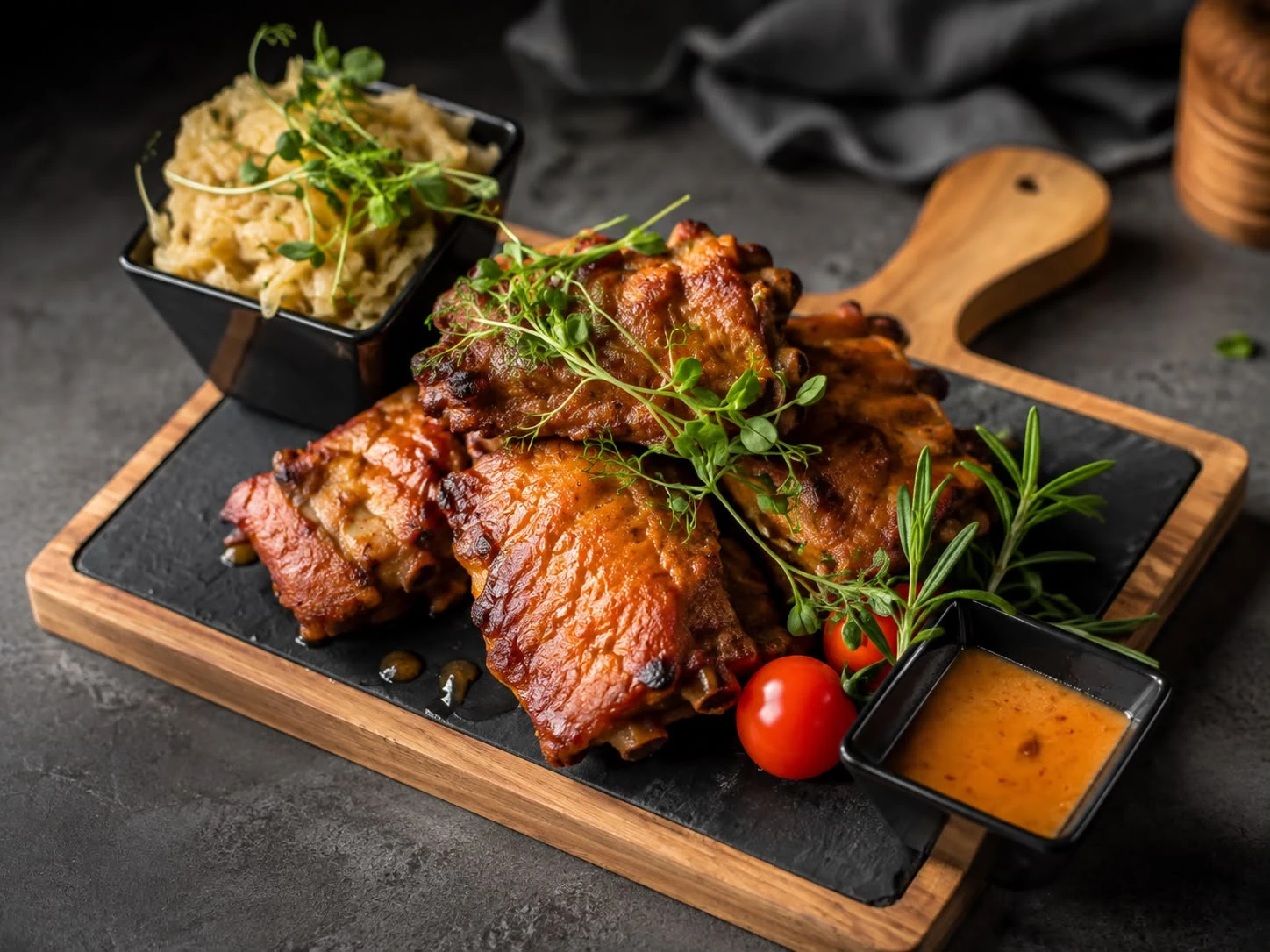Żeberka BBQ z frytkami, surówką i sosem podane na desce w Restauracji Fantazja.