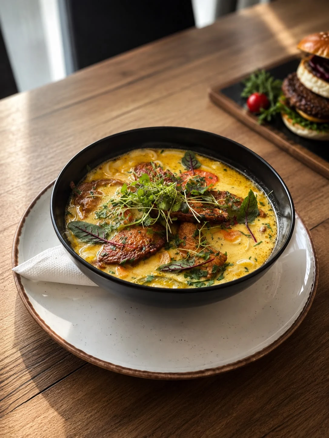 Zupa kremowa z mięsem, warzywami i świeżymi ziołami podana w Restauracji Fantazja.