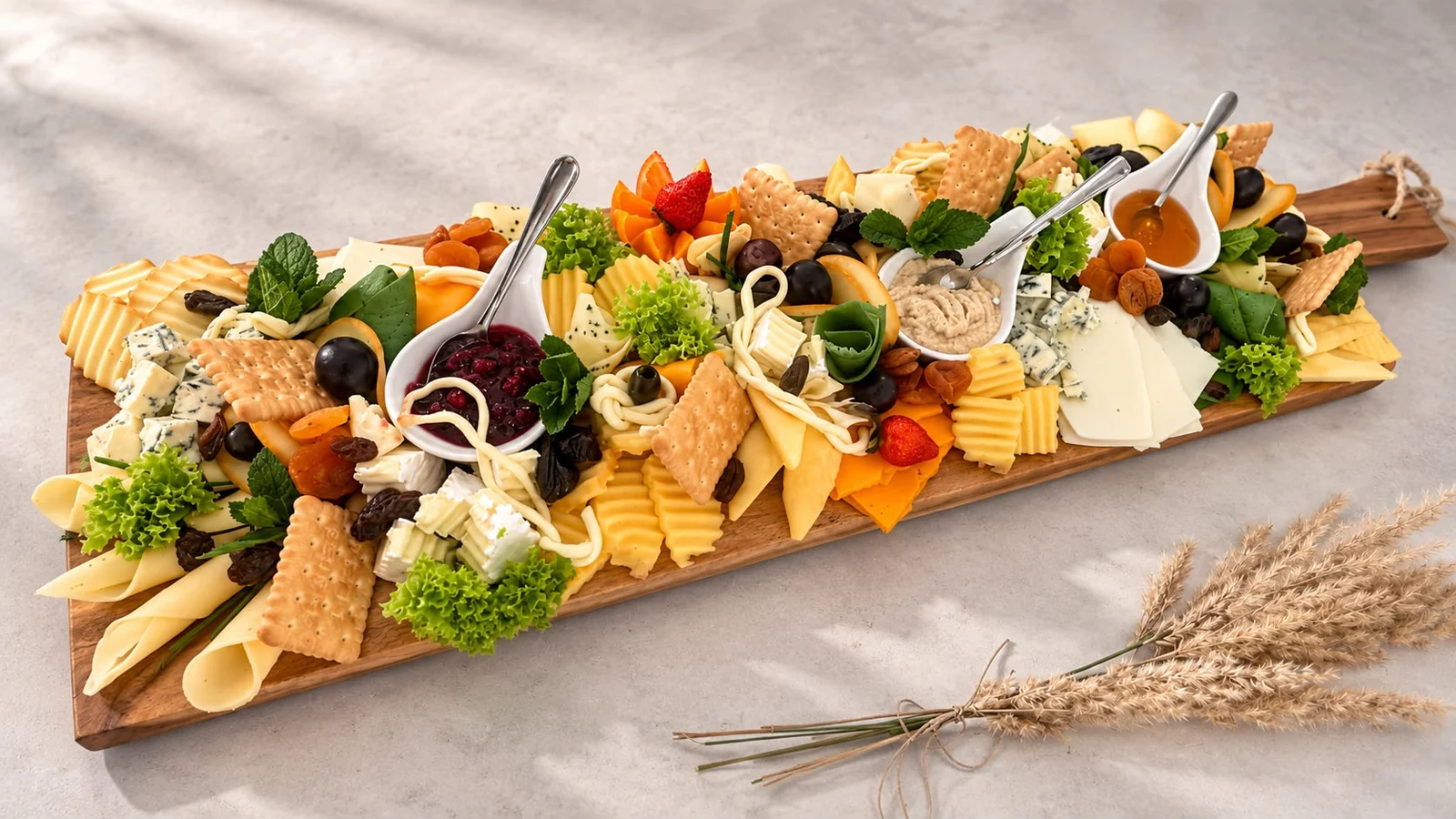 Kompozycja przekąsek, serów i owoców na drewnianej desce, catering Fantazja Centrum w Dobczycach.